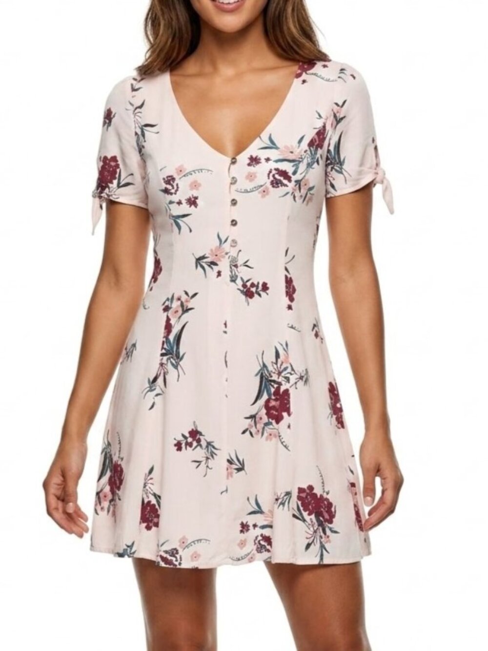 ASTR The Label Cottagecore Floral V-Neck Button Front Keyhole Mini Dress S